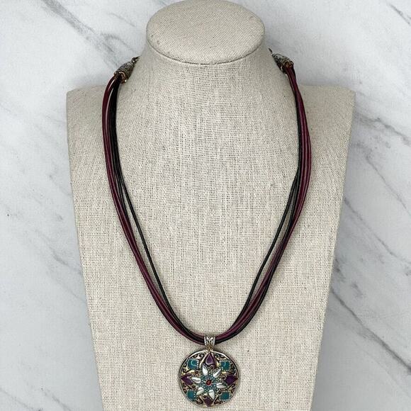 Chico's Multi Strand Leather Cord Enamel Boho Flower Pendant Necklace - Picture 1 of 9